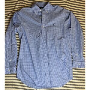 Ralph Lauren Classic Fit Mens Blue Gingham Button Down Shirt Polo Player Logo‎
